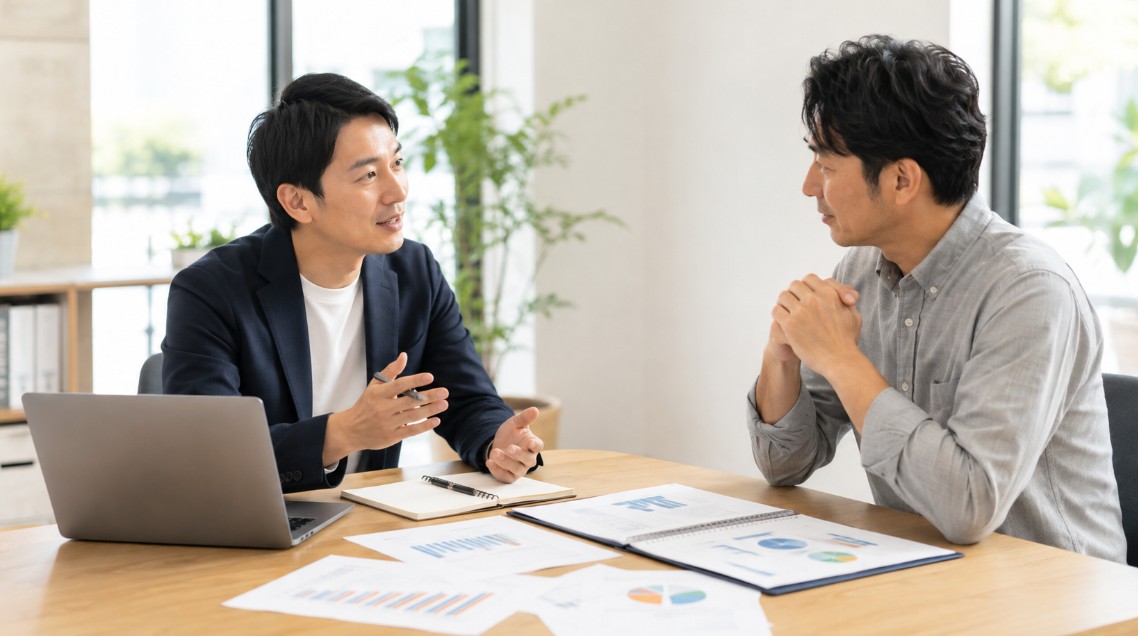 資料を見ながら事業計画について相談するイメージ
