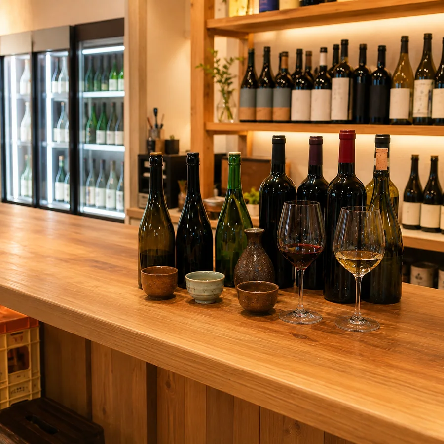 日本酒・ワイン・試飲カウンターを備えた酒販店